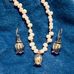 Mignon Faget Tulip Collection Sterling Silver and Pearl Necklace and Earrings